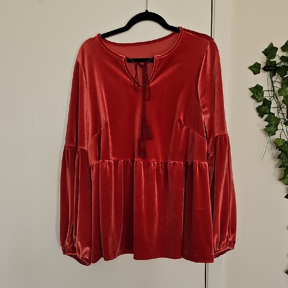 Velvet Tassel Peasant Tunic in Deep Red